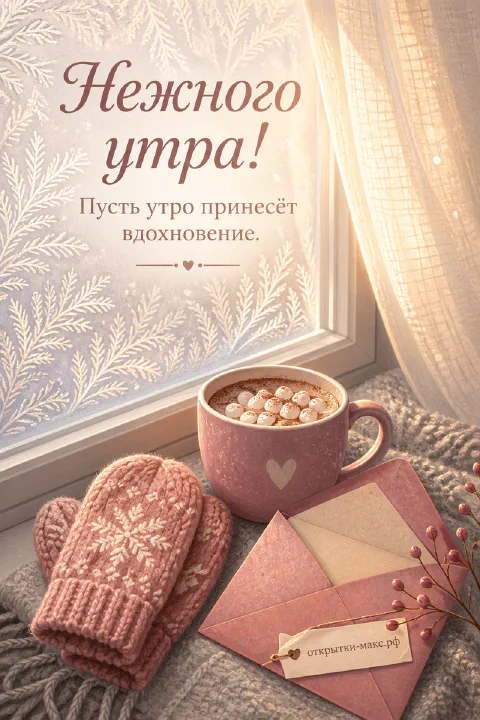 Розовая кружка какао с маршмеллоу, вязаные варежки и конверт у морозного окна с надписью «Нежного утра»