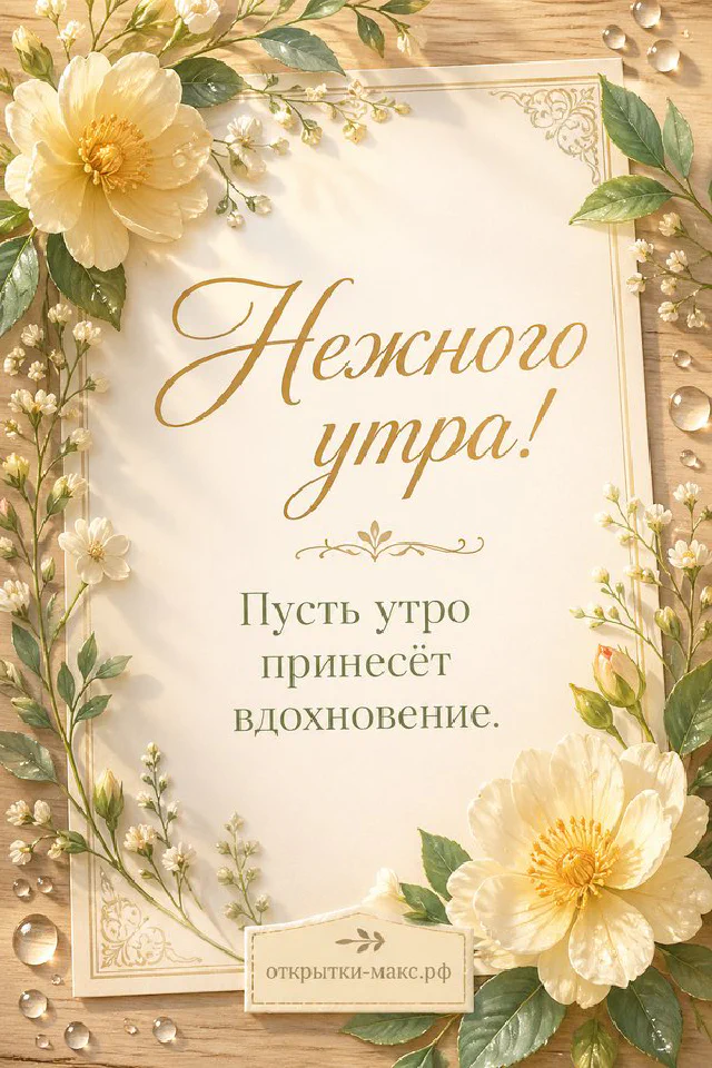 Розовая кружка какао с маршмеллоу, вязаные варежки и конверт у морозного окна с надписью «Нежного утра» — вариант 2
