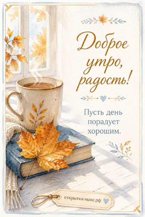 Кружка кофе с паром стоит на книге в синем переплёте, рядом жёлтый кленовый лист и вязаный шарф у окна