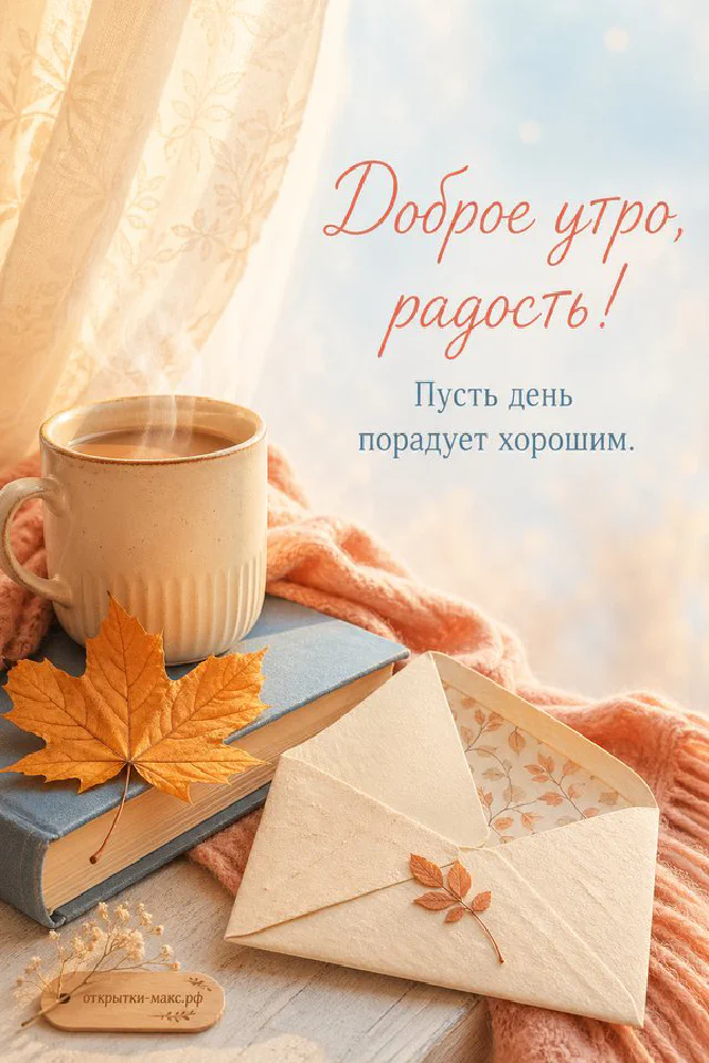 Кружка кофе с паром стоит на книге в синем переплёте, рядом жёлтый кленовый лист и вязаный шарф у окна — вариант 3
