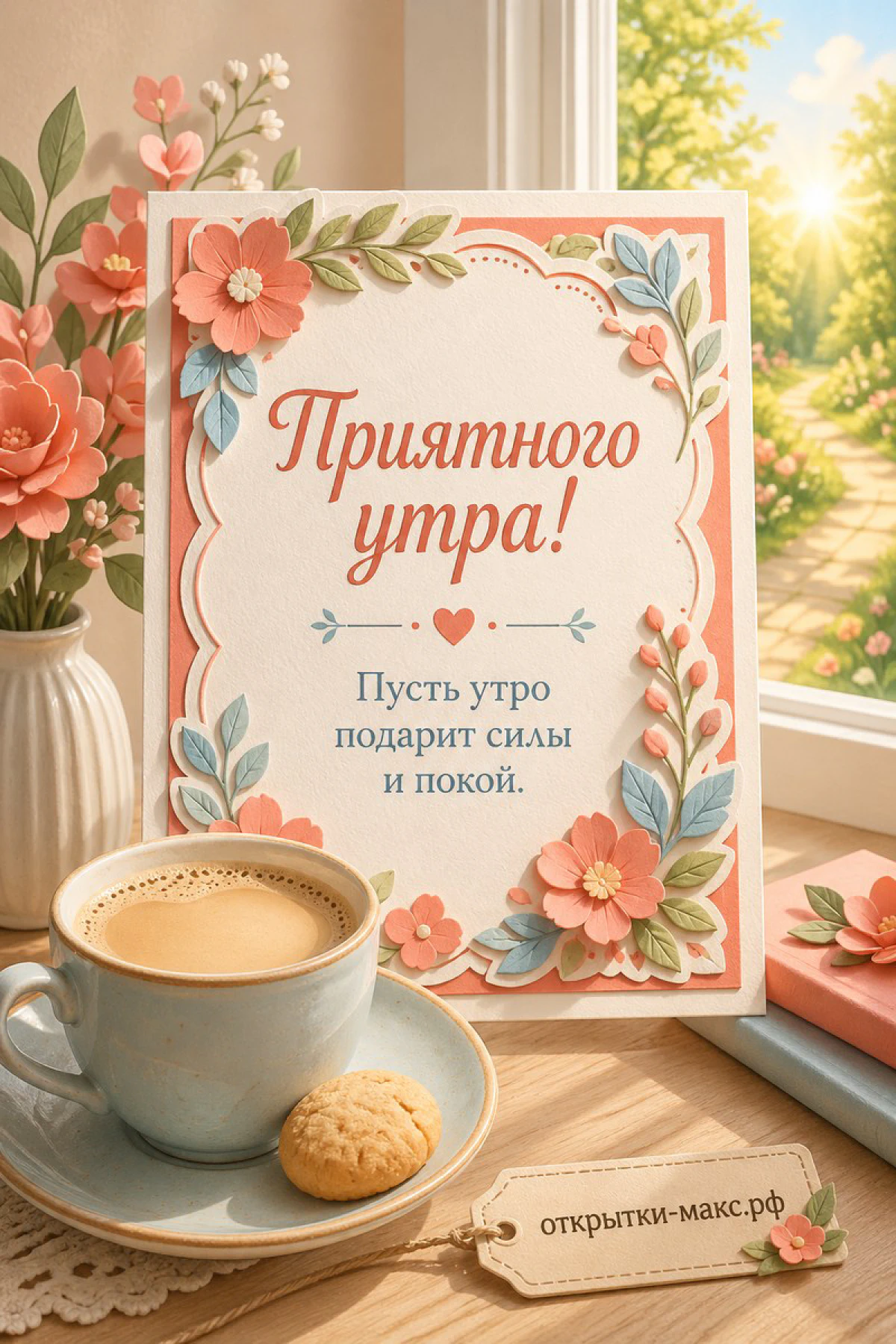 Чашка кофе, печенье и бумажная открытка с цветами в коралловой гамме у окна с надписью «Приятного утра»