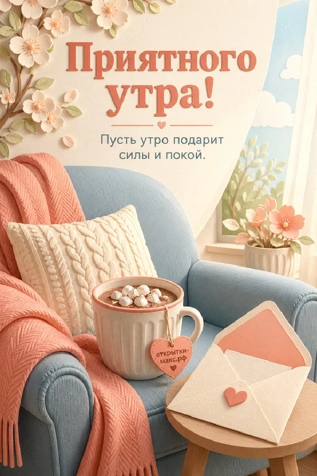 Чашка кофе, печенье и бумажная открытка с цветами в коралловой гамме у окна с надписью «Приятного утра» — вариант 2