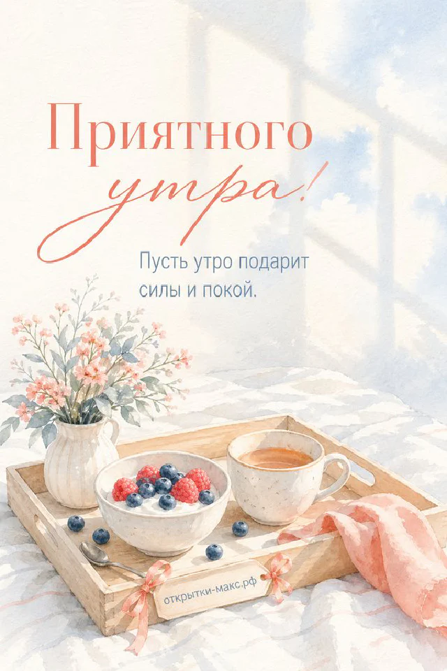 Чашка кофе, печенье и бумажная открытка с цветами в коралловой гамме у окна с надписью «Приятного утра» — вариант 4