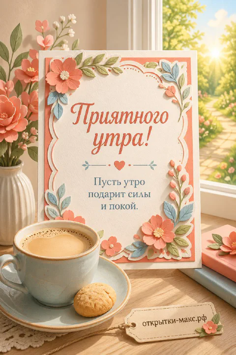 Чашка кофе, печенье и бумажная открытка с цветами в коралловой гамме у окна с надписью «Приятного утра»