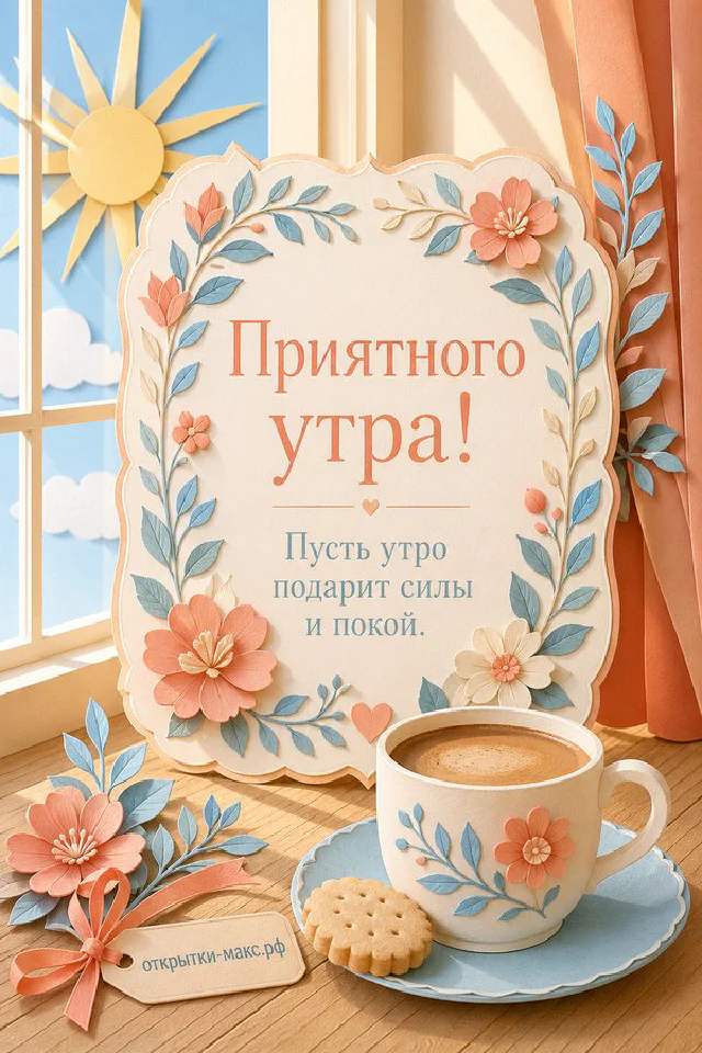 Чашка кофе, печенье и бумажная открытка с цветами в коралловой гамме у окна с надписью «Приятного утра» — вариант 3