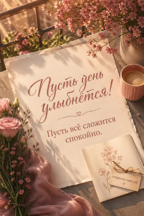 Розовые цветы, чашка кофе и письмо на столе, надпись «Пусть день улыбнётся»
