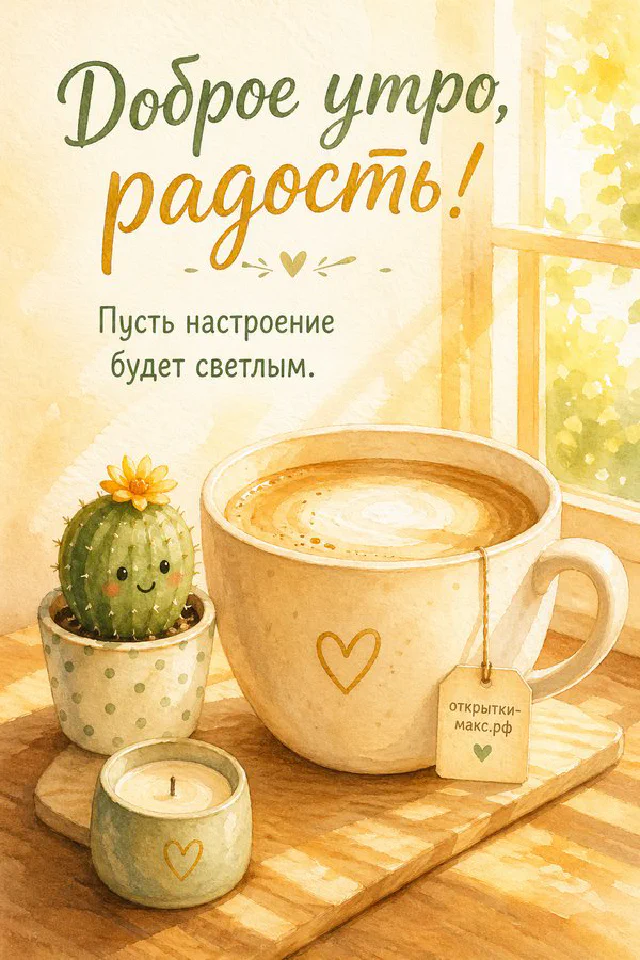 Кружка кофе с нарисованной улыбкой и сердцем, рядом маленький кактус-смайлик и свеча, по краю венок из цветов — вариант 4
