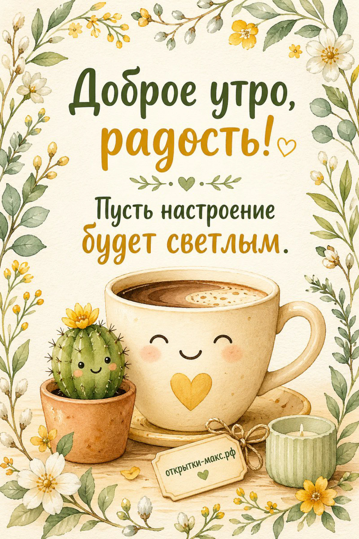 Кружка кофе с нарисованной улыбкой и сердцем, рядом маленький кактус-смайлик и свеча, по краю венок из цветов