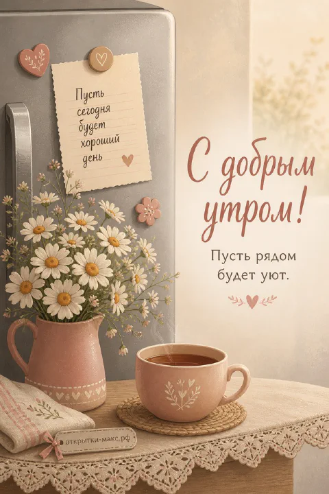 Розовый кувшин с ромашками и чашка чая на кухонном столе рядом с холодильником с запиской