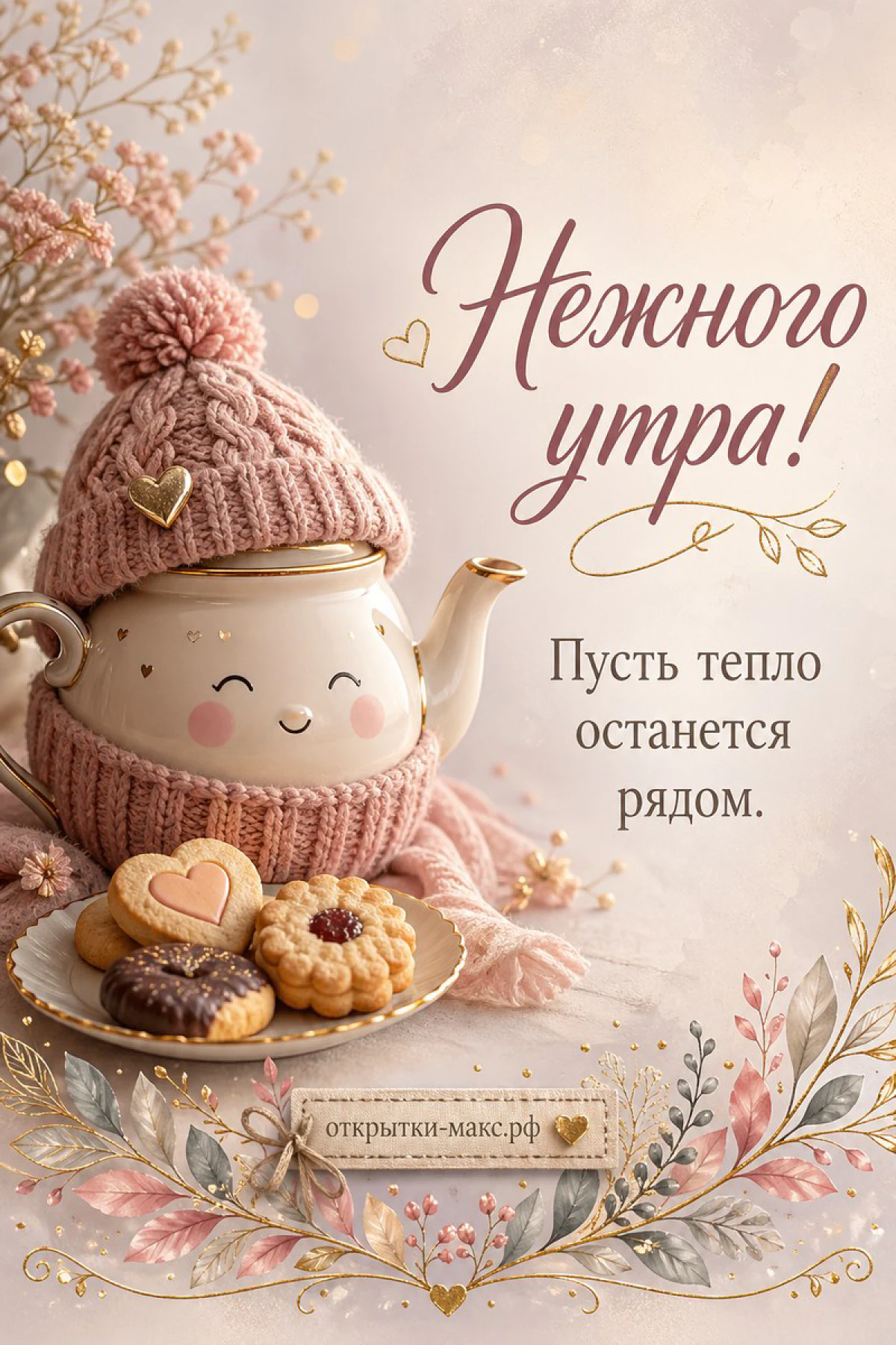 Белый чайник в розовой вязаной шапочке рядом с печеньем и надписью «Нежного утра»