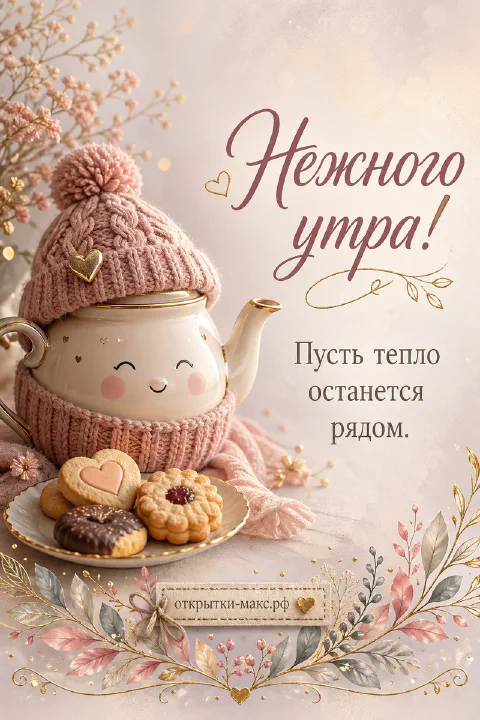 Белый чайник в розовой вязаной шапочке рядом с печеньем и надписью «Нежного утра»
