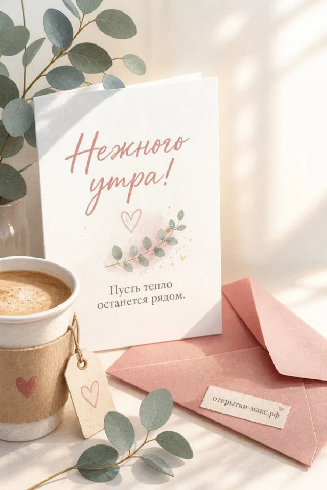 Белый чайник в розовой вязаной шапочке рядом с печеньем и надписью «Нежного утра» — вариант 2