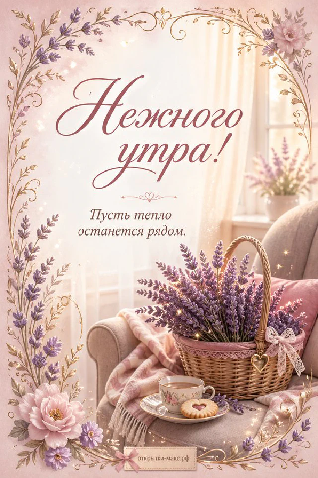 Белый чайник в розовой вязаной шапочке рядом с печеньем и надписью «Нежного утра» — вариант 3
