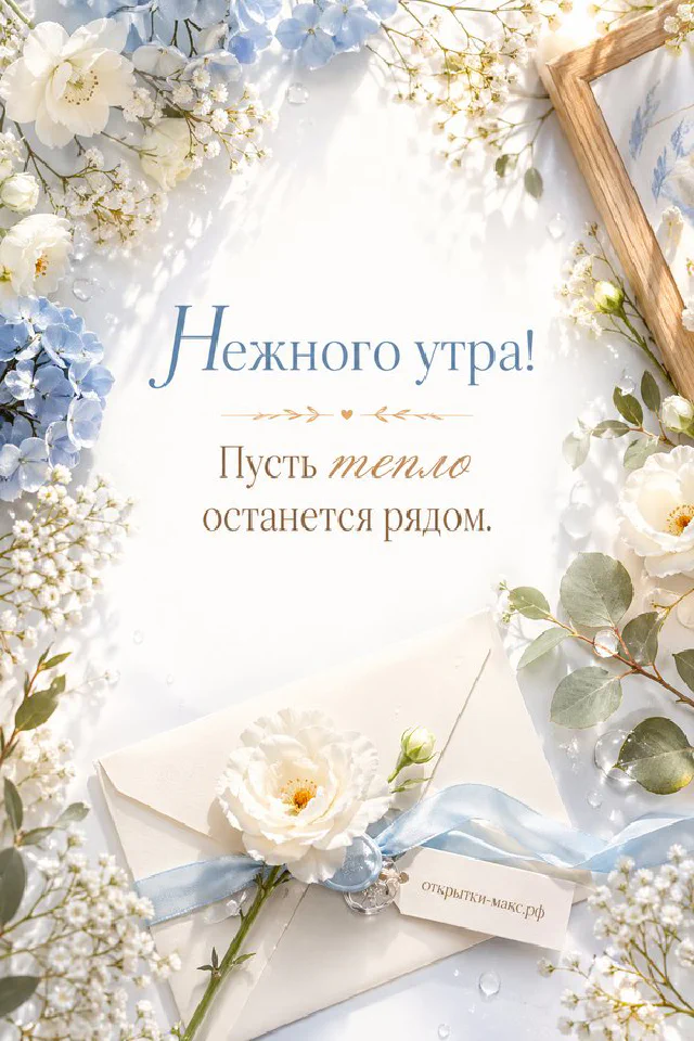 Белый чайник в розовой вязаной шапочке рядом с печеньем и надписью «Нежного утра» — вариант 4