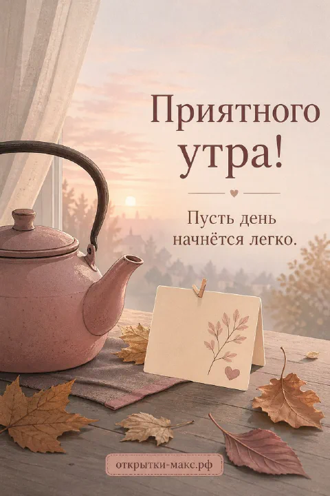 Розовый эмалированный чайник у окна на фоне рассвета и осенних листьев с надписью «Приятного утра»