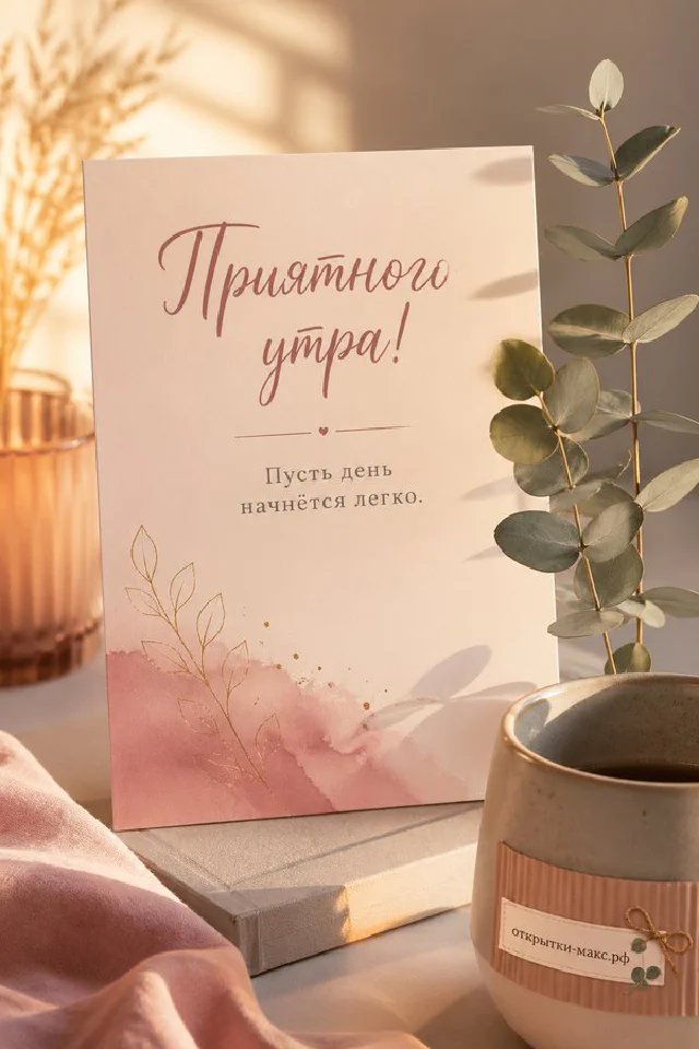 Розовый эмалированный чайник у окна на фоне рассвета и осенних листьев с надписью «Приятного утра» — вариант 2