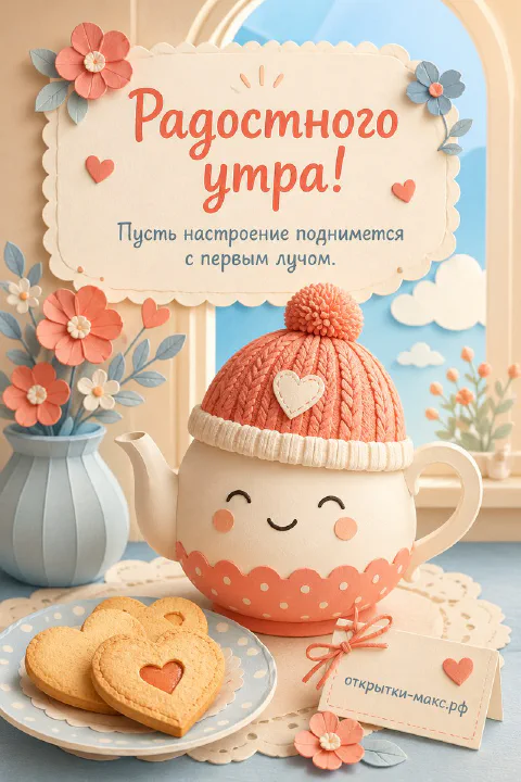 Улыбающийся белый чайник в коралловой вязаной шапочке с помпоном, тарелка с печеньем-сердечками и надпись «Радостного утра»