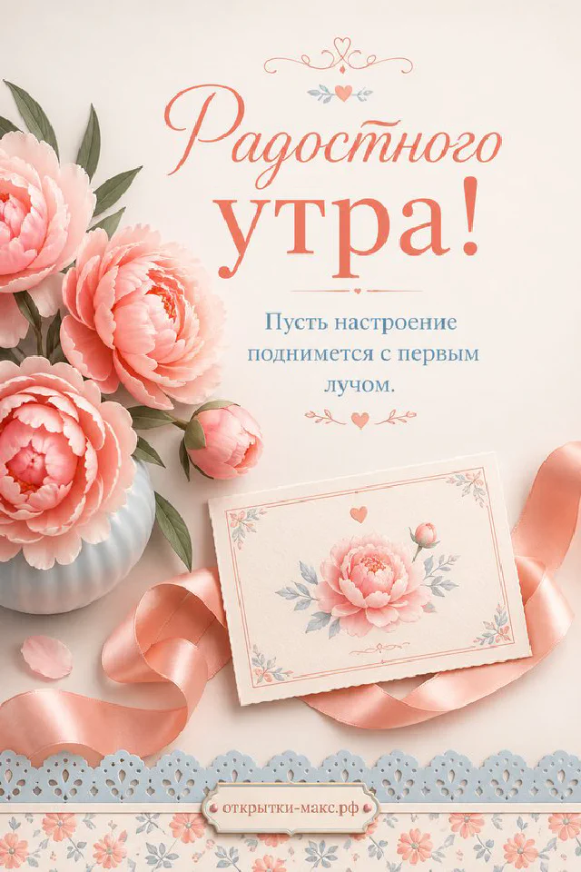 Улыбающийся белый чайник в коралловой вязаной шапочке с помпоном, тарелка с печеньем-сердечками и надпись «Радостного утра» — вариант 3