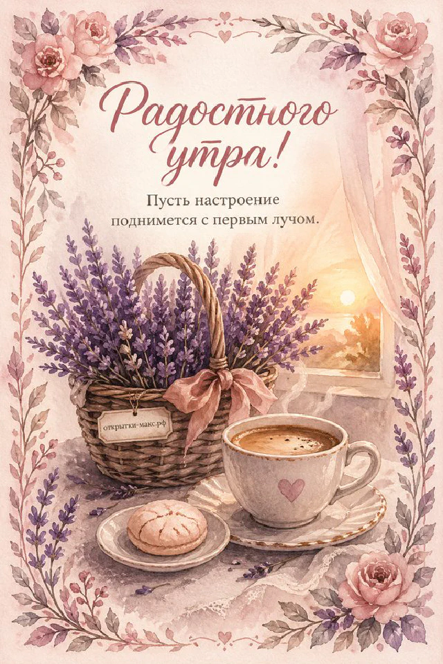 Улыбающийся белый чайник в коралловой вязаной шапочке с помпоном, тарелка с печеньем-сердечками и надпись «Радостного утра» — вариант 4