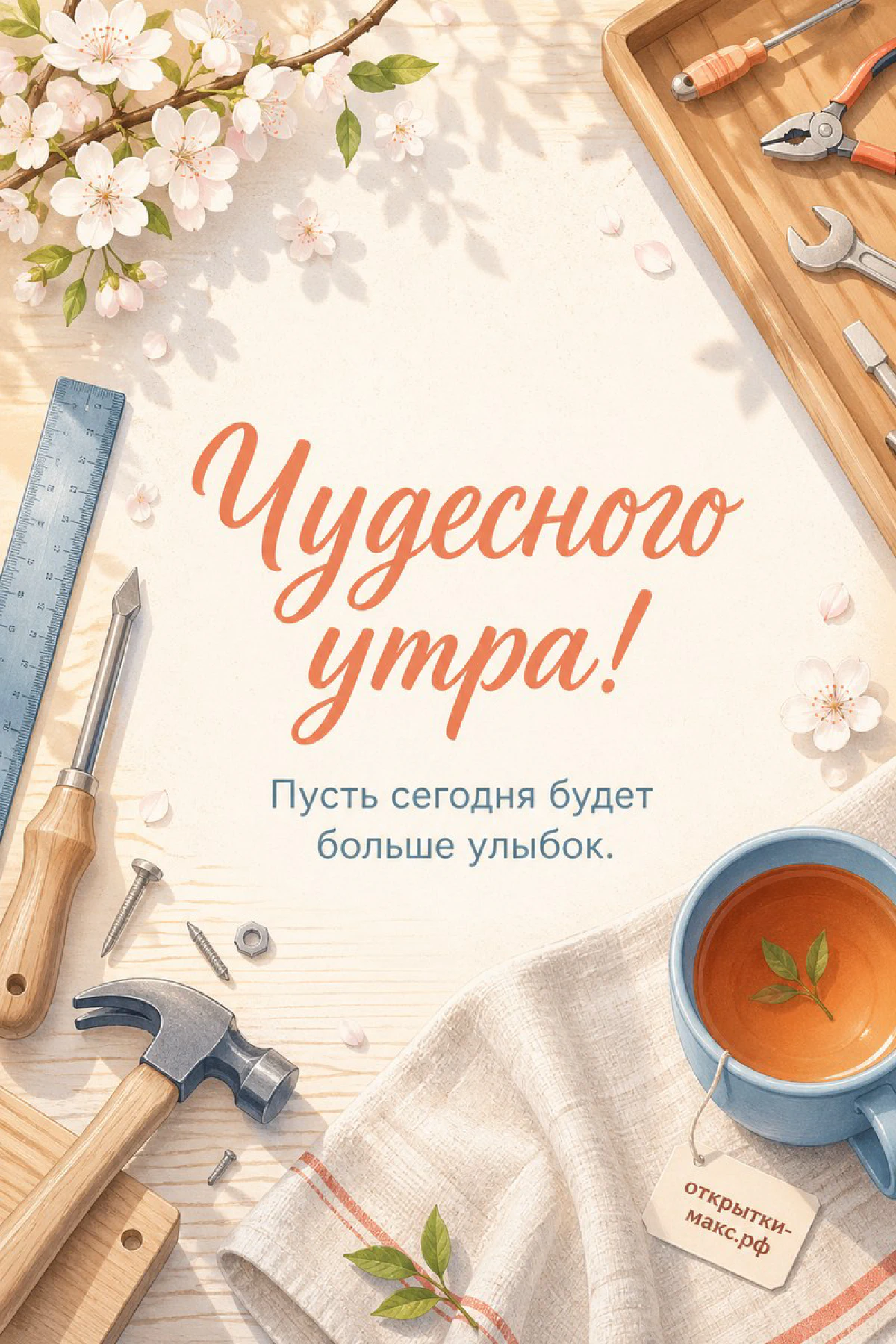 Деревянные инструменты, молоток и гаечный ключ рядом с чашкой чая и цветущей веткой сакуры на бежевом фоне