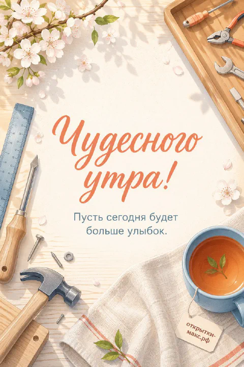 Деревянные инструменты, молоток и гаечный ключ рядом с чашкой чая и цветущей веткой сакуры на бежевом фоне