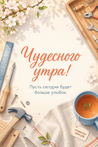 Деревянные инструменты, молоток и гаечный ключ рядом с чашкой чая и цветущей веткой сакуры на бежевом фоне