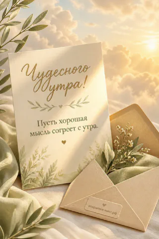 Открытка с золотой каллиграфией в конверте среди оливковых веток на фоне рассветного облачного неба