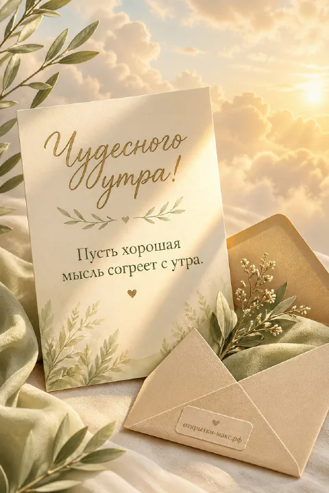 Открытка с золотой каллиграфией в конверте среди оливковых веток на фоне рассветного облачного неба