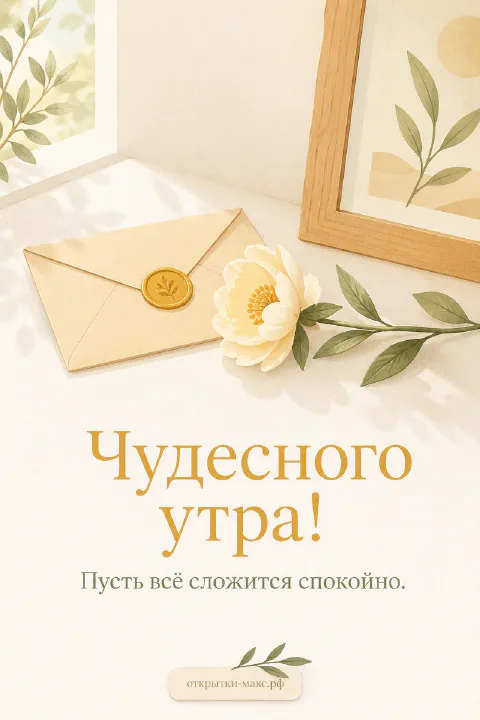 Бежевый конверт с сургучной печатью, белый цветок и деревянная рама с листьями на светлом фоне