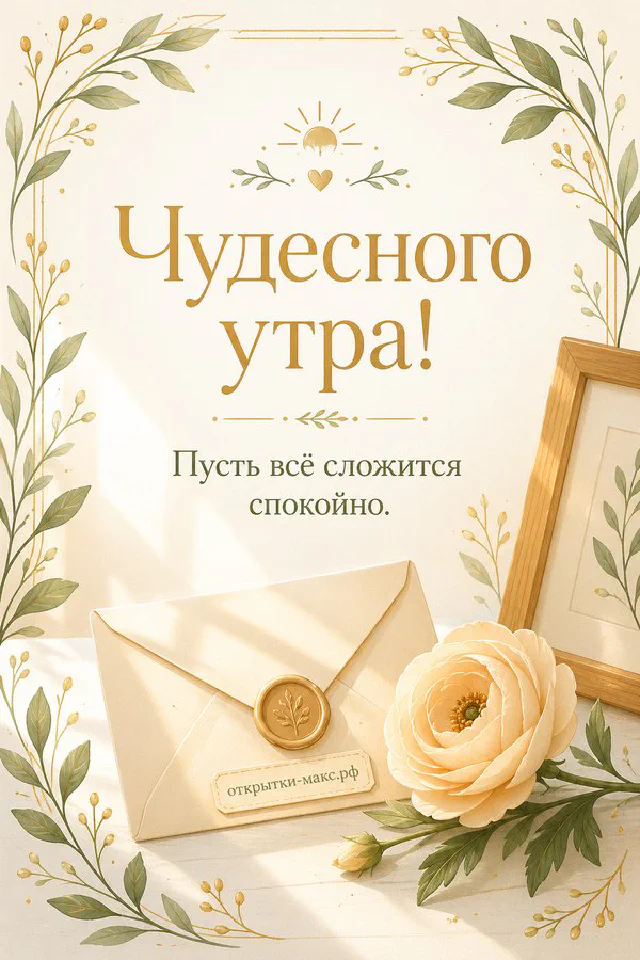 Бежевый конверт с сургучной печатью, белый цветок и деревянная рама с листьями на светлом фоне — вариант 2