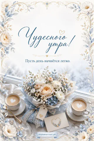 Букет белых роз в кружевной упаковке, две чашки кофе с сердечками из пенки и карточка с сердечком