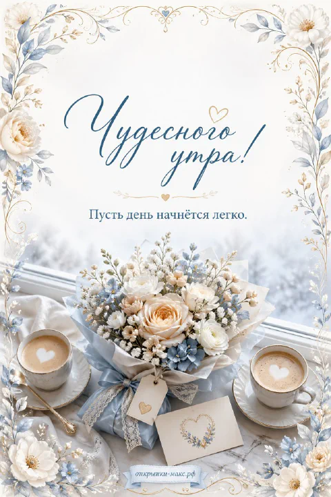 Букет белых роз в кружевной упаковке, две чашки кофе с сердечками из пенки и карточка с сердечком