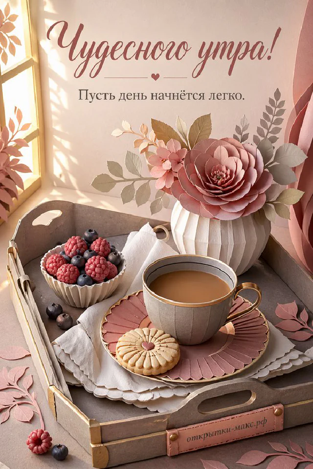 Букет белых роз в кружевной упаковке, две чашки кофе с сердечками из пенки и карточка с сердечком — вариант 3