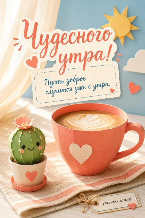 Коралловая чашка кофе с латте‑арт и кактус в горшочке на фоне облаков и надписи «Чудесного утра!»