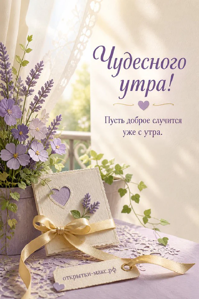 Коралловая чашка кофе с латте‑арт и кактус в горшочке на фоне облаков и надписи «Чудесного утра!» — вариант 3