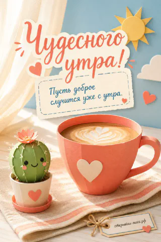 Коралловая чашка кофе с латте‑арт и кактус в горшочке на фоне облаков и надписи «Чудесного утра!»