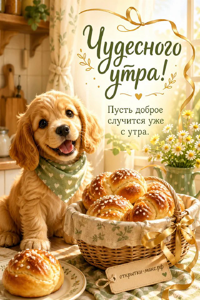 Коралловая чашка кофе с латте‑арт и кактус в горшочке на фоне облаков и надписи «Чудесного утра!» — вариант 2
