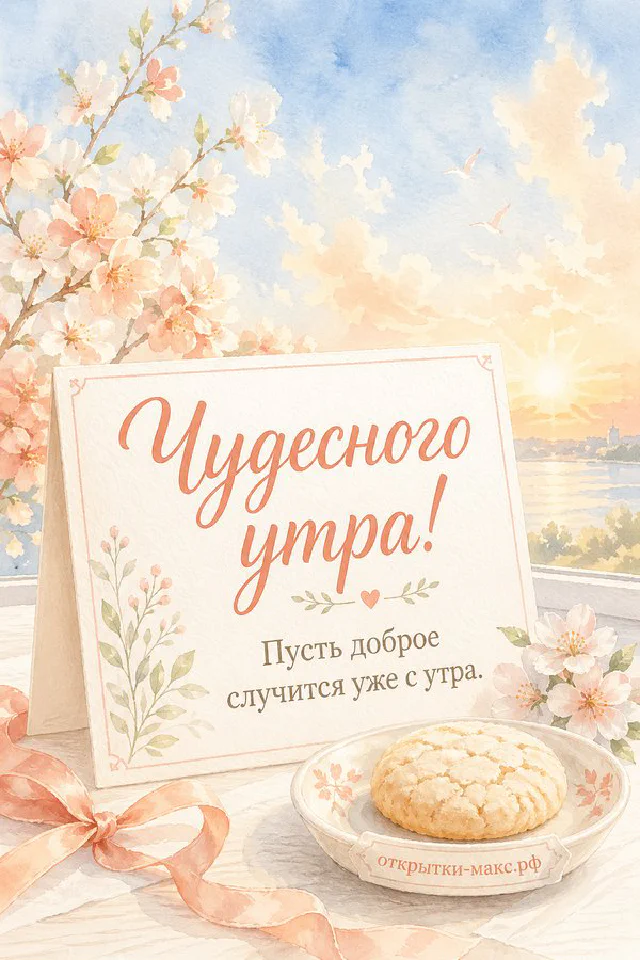 Коралловая чашка кофе с латте‑арт и кактус в горшочке на фоне облаков и надписи «Чудесного утра!» — вариант 4