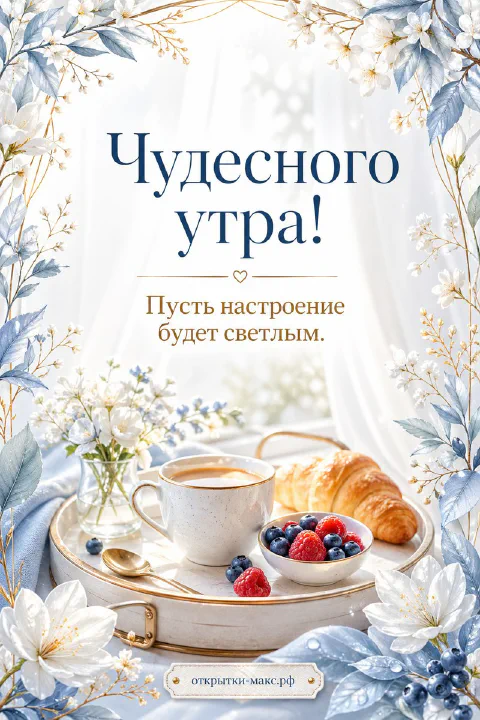 Поднос с чашкой кофе, круассаном и свежими ягодами в обрамлении нежно-голубых цветов, надпись «Чудесного утра»