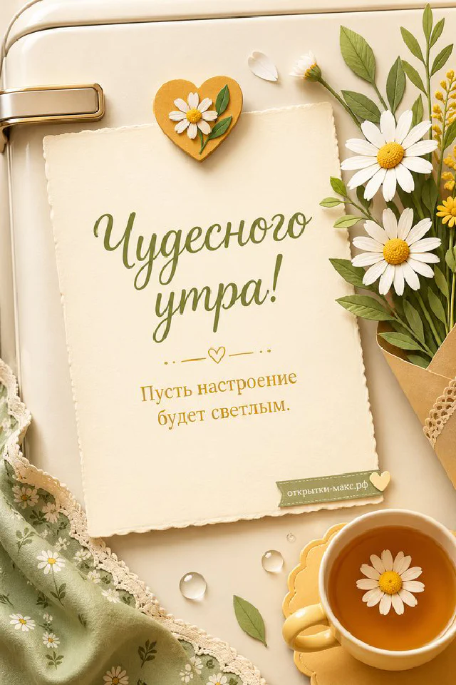 Поднос с чашкой кофе, круассаном и свежими ягодами в обрамлении нежно-голубых цветов, надпись «Чудесного утра» — вариант 3