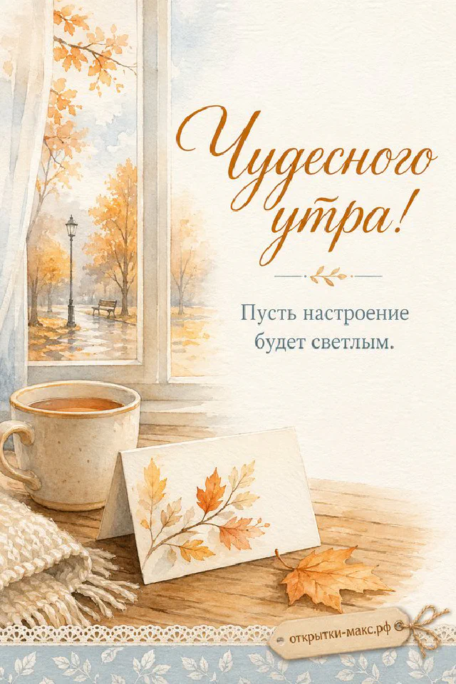 Поднос с чашкой кофе, круассаном и свежими ягодами в обрамлении нежно-голубых цветов, надпись «Чудесного утра» — вариант 4