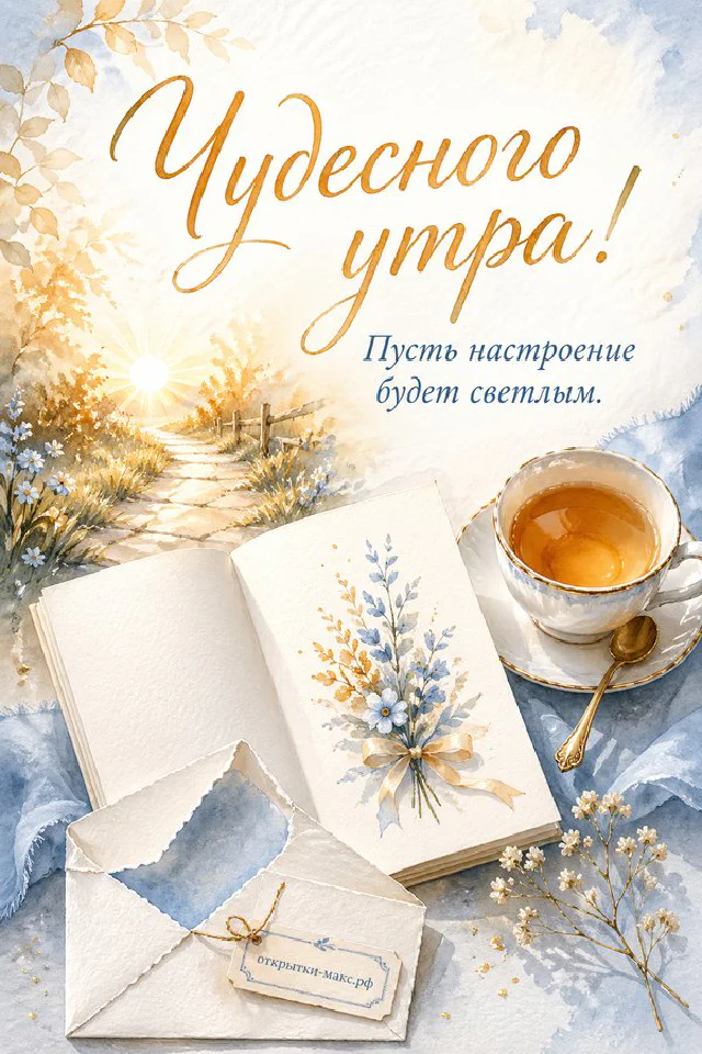 Поднос с чашкой кофе, круассаном и свежими ягодами в обрамлении нежно-голубых цветов, надпись «Чудесного утра» — вариант 5