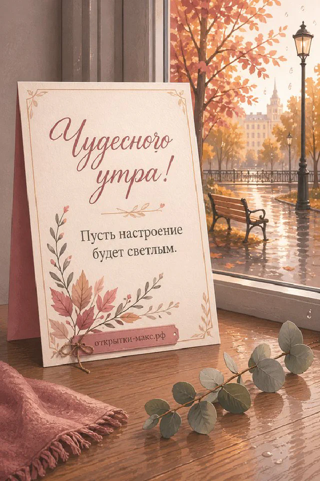 Поднос с чашкой кофе, круассаном и свежими ягодами в обрамлении нежно-голубых цветов, надпись «Чудесного утра» — вариант 2
