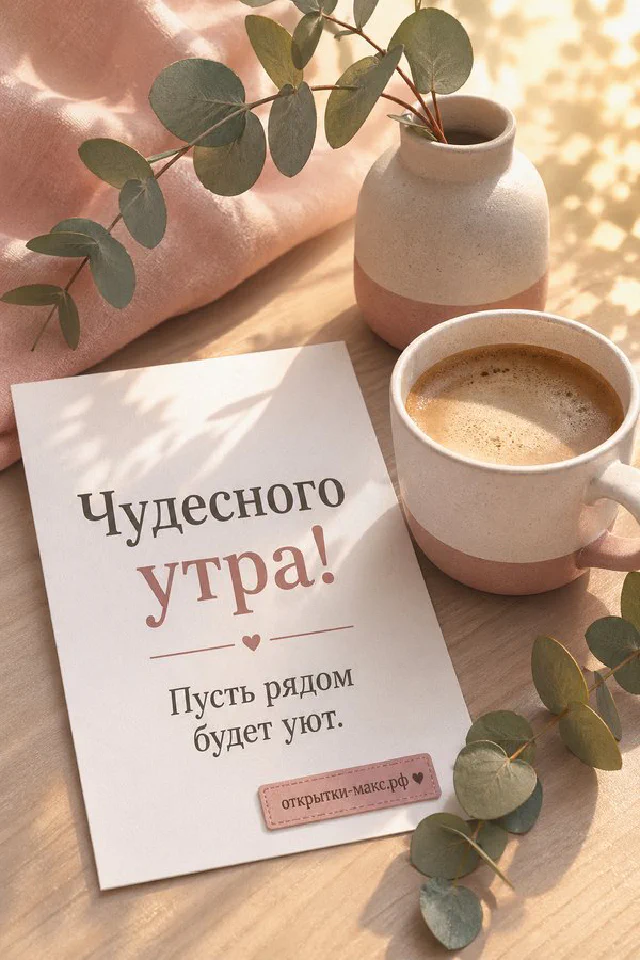 Открытка с лесной тропинкой в лучах рассвета лежит на мягком пледе рядом с чашкой чая, надпись «Чудесного утра!» — вариант 2