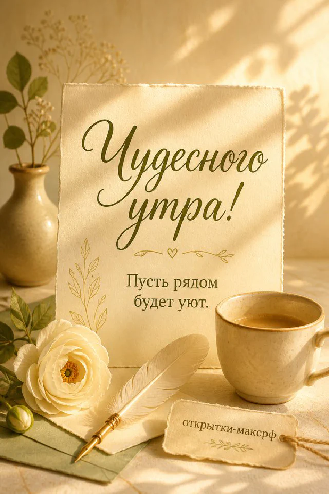Открытка с лесной тропинкой в лучах рассвета лежит на мягком пледе рядом с чашкой чая, надпись «Чудесного утра!» — вариант 3