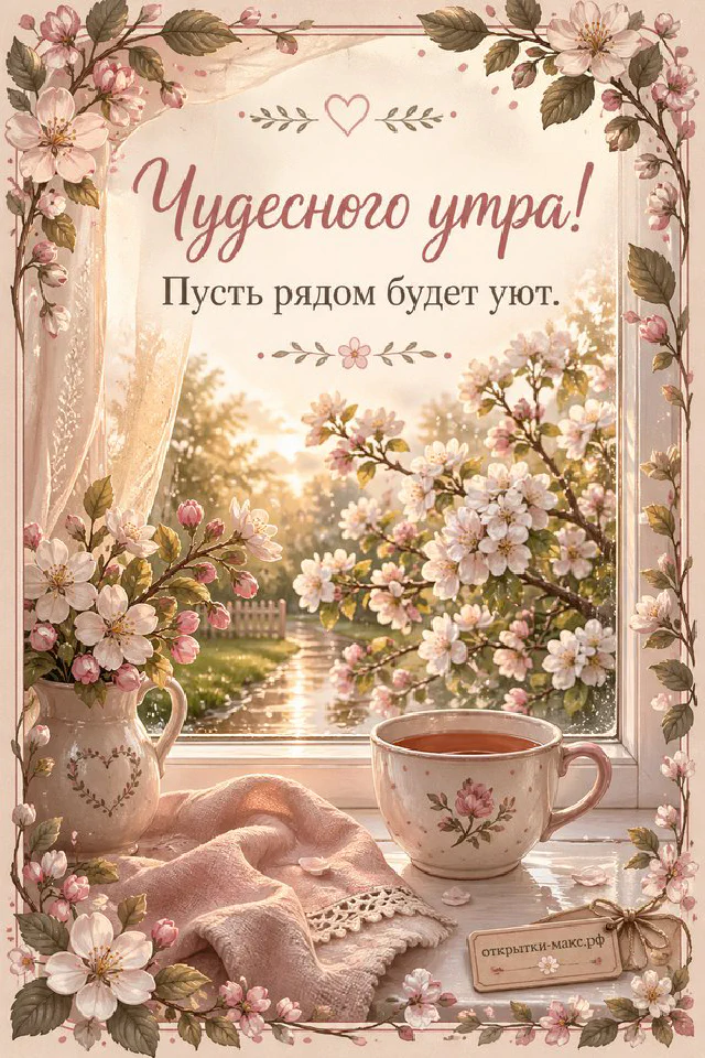 Открытка с лесной тропинкой в лучах рассвета лежит на мягком пледе рядом с чашкой чая, надпись «Чудесного утра!» — вариант 8