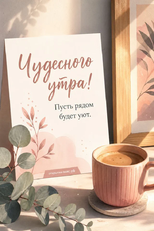 Открытка с лесной тропинкой в лучах рассвета лежит на мягком пледе рядом с чашкой чая, надпись «Чудесного утра!» — вариант 4