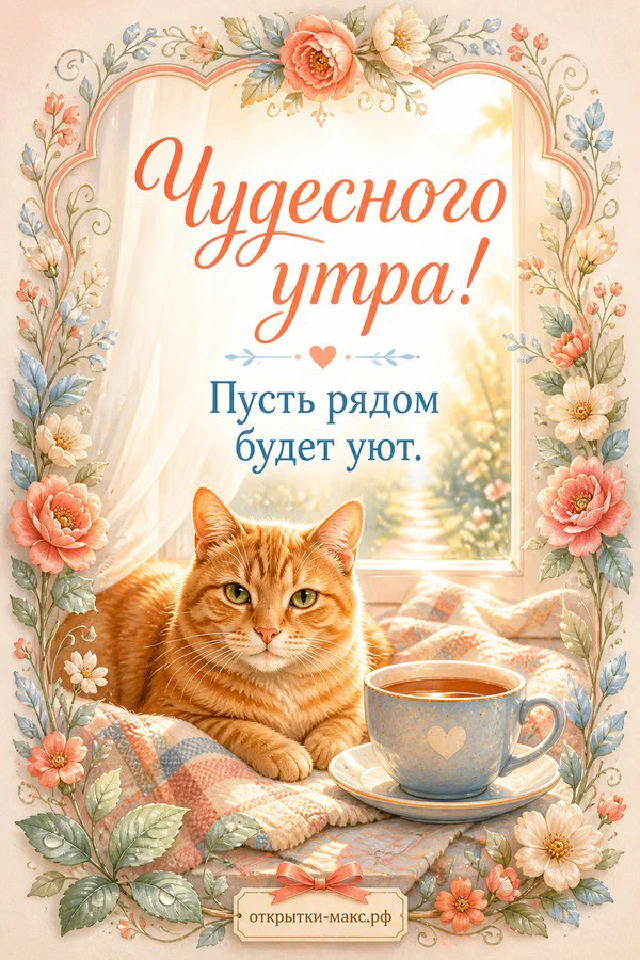 Открытка с лесной тропинкой в лучах рассвета лежит на мягком пледе рядом с чашкой чая, надпись «Чудесного утра!» — вариант 6