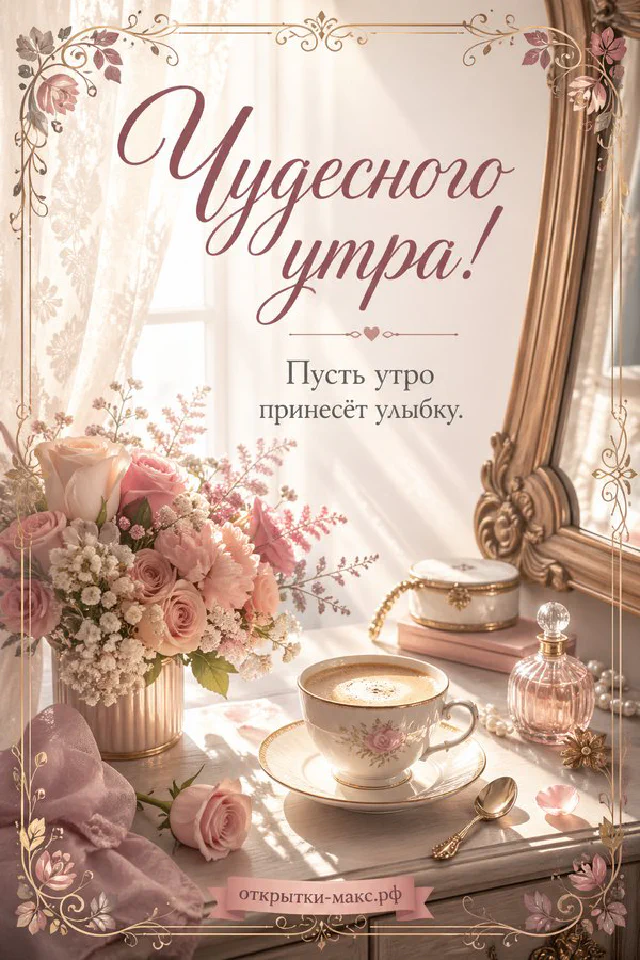 Букет нежных тюльпанов в вазе на светлом фоне, надпись «Чудесного утра» — вариант 4