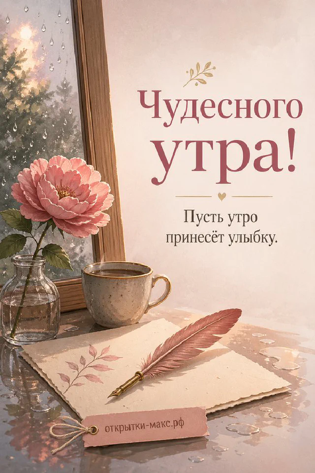 Букет нежных тюльпанов в вазе на светлом фоне, надпись «Чудесного утра» — вариант 6